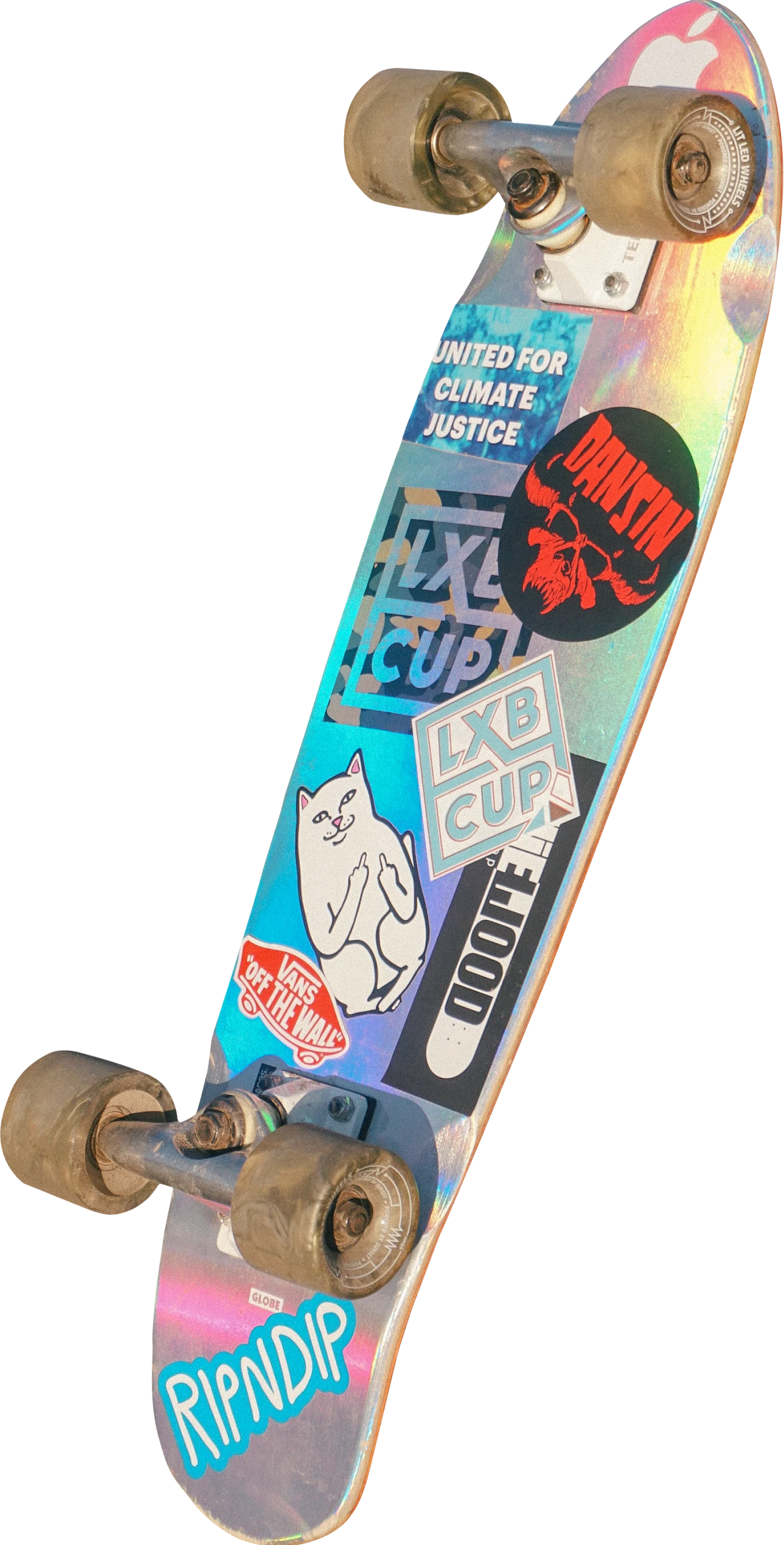 Skateboard with stickers on the bottom of the deck