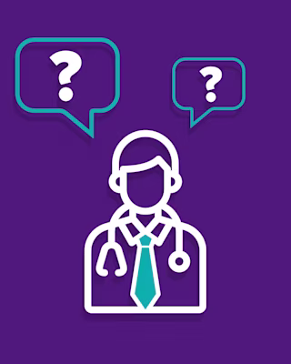 Outline of a medical professional with stethoscope and tie on a purple background, accompanied by with two speech bubbles containing question marks.