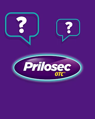 Prilosec OTC logo on a purple background with two speech bubbles containing question marks.