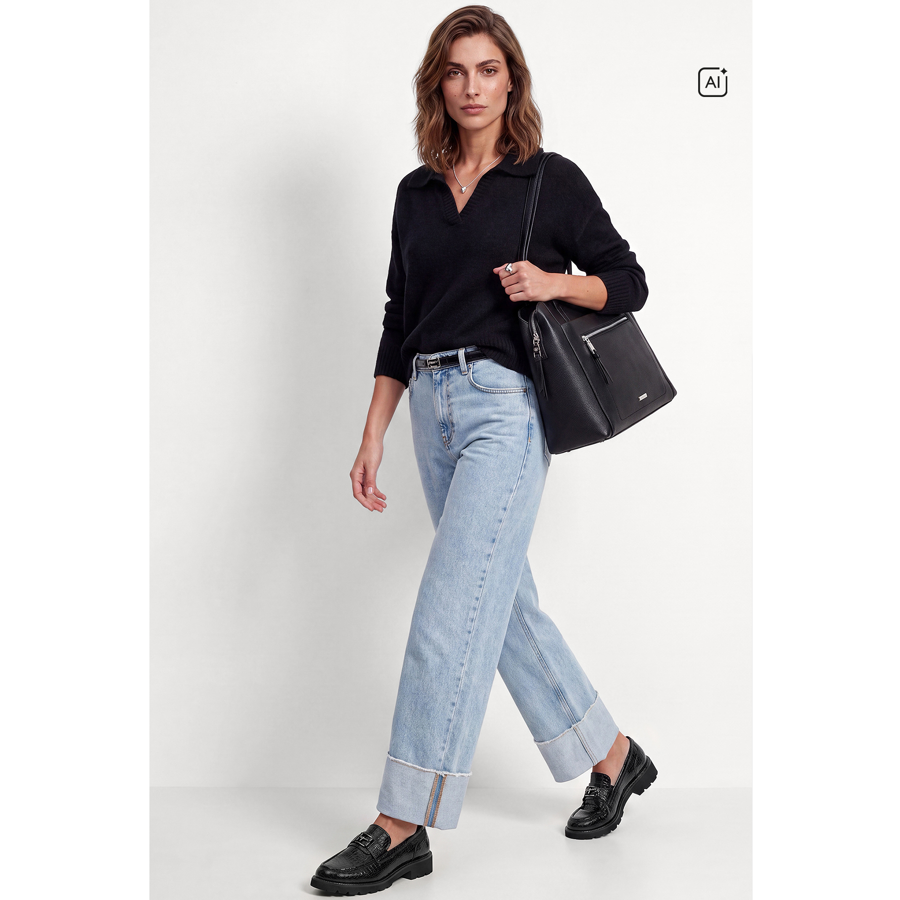 Woman in a black jumper, light jeans and black loafers carrying a black shoulder bag.