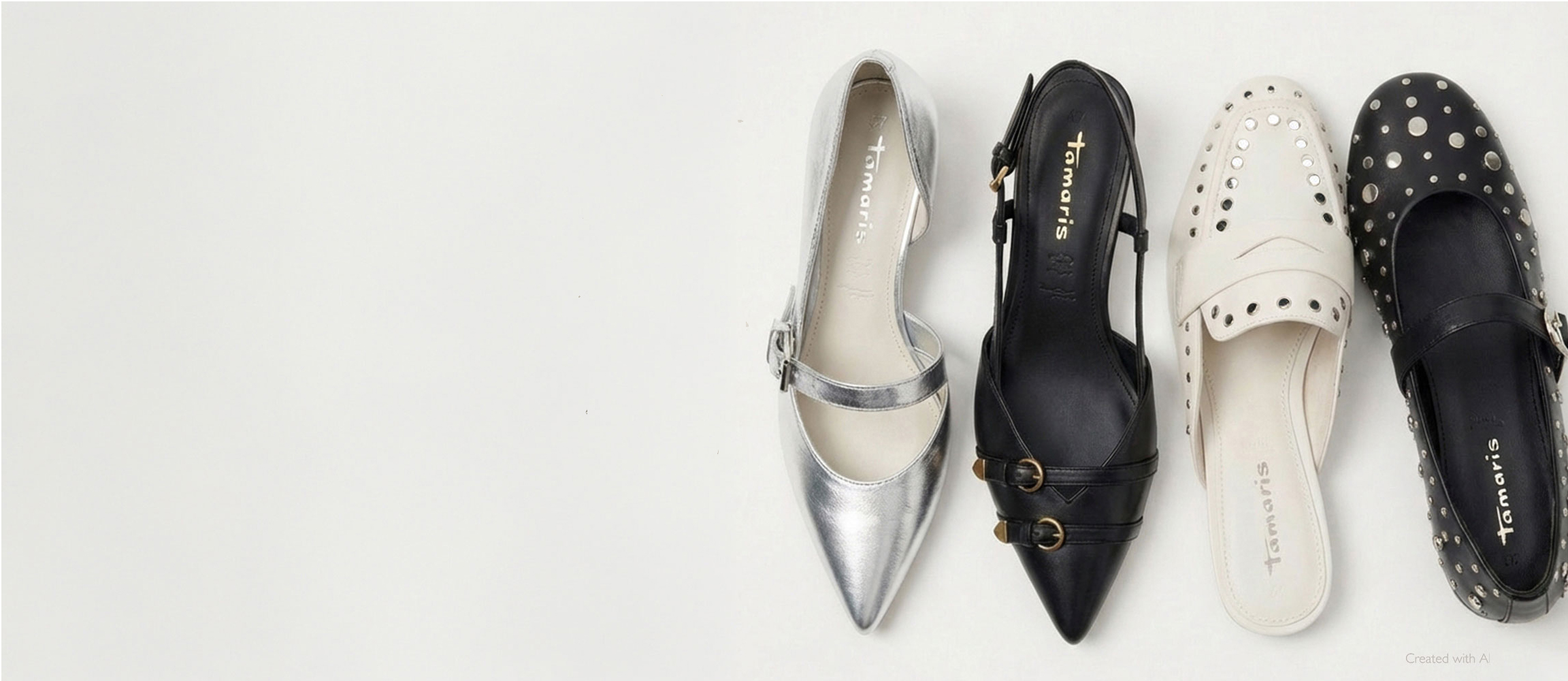 Three pointed ballerinas with studs in silver, black, and white, arranged side by side on a white background.