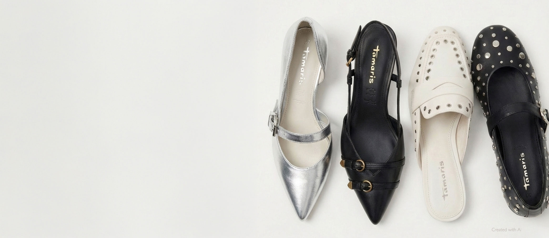 Drei spitze Ballerinas mit Nieten in Silber, Schwarz und Wei&szlig;, nebeneinander auf wei&szlig;em Hintergrund angeordnet.