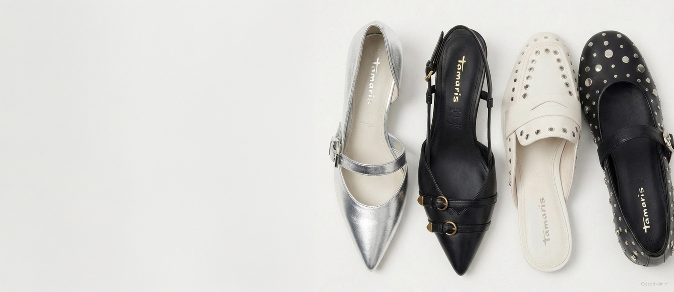 Tre ballerine a punta con borchie in argento, nero e bianco, disposte affiancate su uno sfondo bianco.