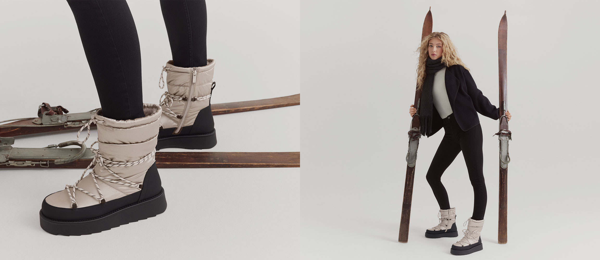 Model wearing beige winter boots with a black platform sole against a white background