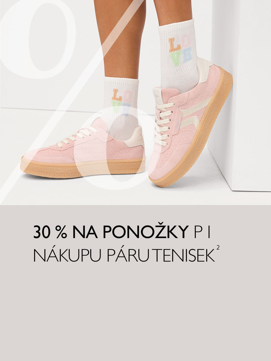 Růžov&eacute; tenisky s b&iacute;l&yacute;mi ponožkami s n&aacute;pisem LOVE. Akce: 30 % na ponožky při n&aacute;kupu p&aacute;ru tenisek.