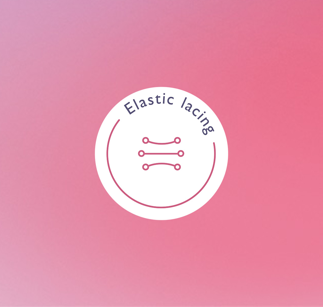 White round logo on a pink background indicating elastic laces.