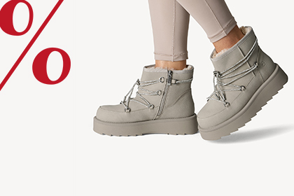 Grey winter boots in different positions on a white background with red percentage signs for discount campaign