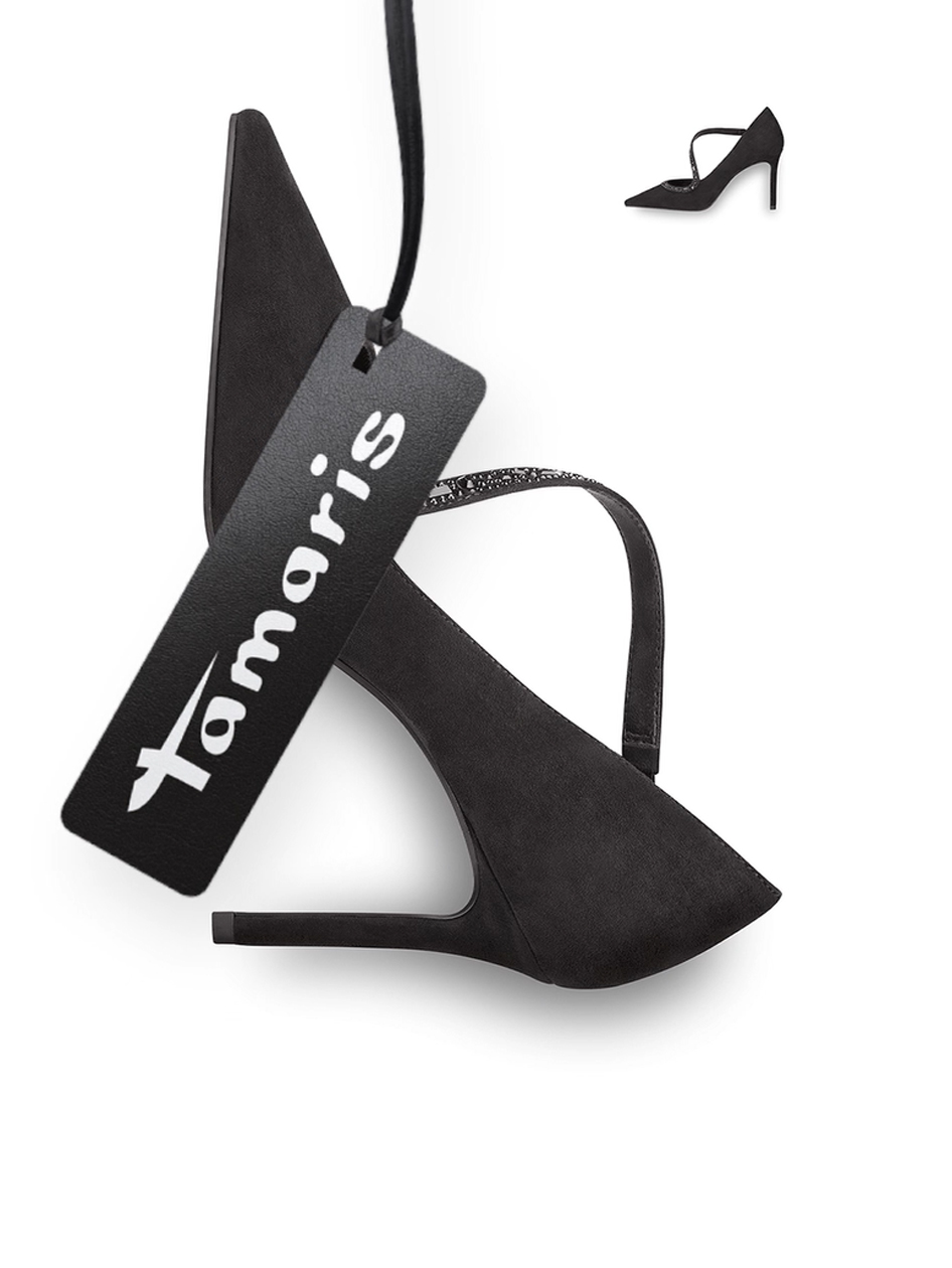 Black Tamaris high‑heel pump with a stiletto heel and strap, against a white background.