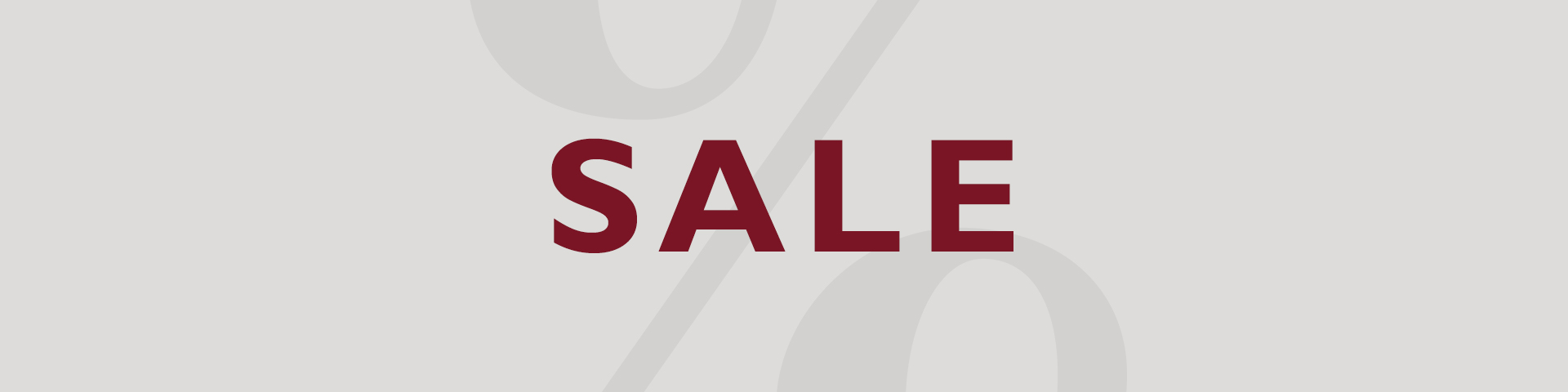 Banner with the word SALE in dark red font on a light grey background with a large percentage sign.