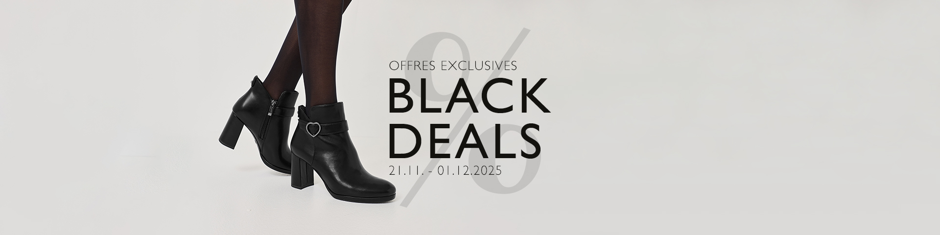 Bottines en cuir noir avec talon à côté de Black Deals texte promotionnel sur fond blanc, Période promotionnelle 21.11. -01.12.2025