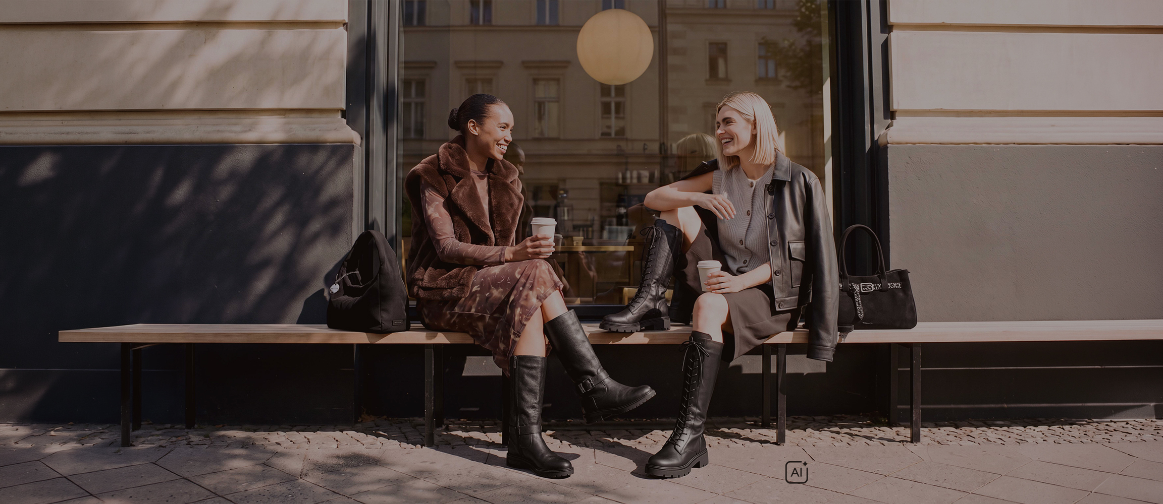Deux femmes assises en train de rire sur un banc devant un caf&eacute;, portant des bottes noires et tenant des gobelets de caf&eacute; &agrave; la main.