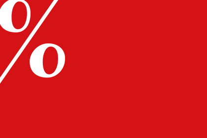 Gro&szlig;es wei&szlig;es Prozentzeichen auf rotem Hintergrund, Symbol f&uuml;r Rabatt oder Sonderangebot.