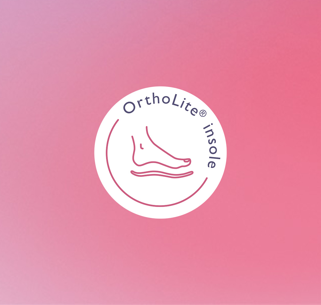 White circular logo indicating insoles with OrthoLite&reg; technology, with a foot symbol on a pink background.
