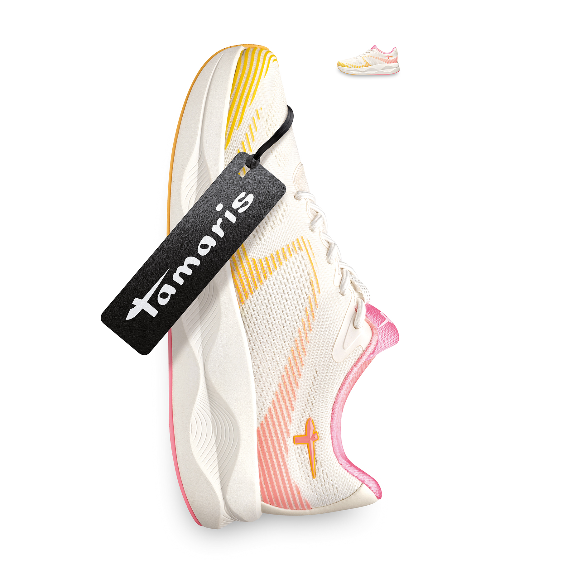 Witte sportschoen met roze en gele accenten, zwart merklabel hangt aan de zijkant.