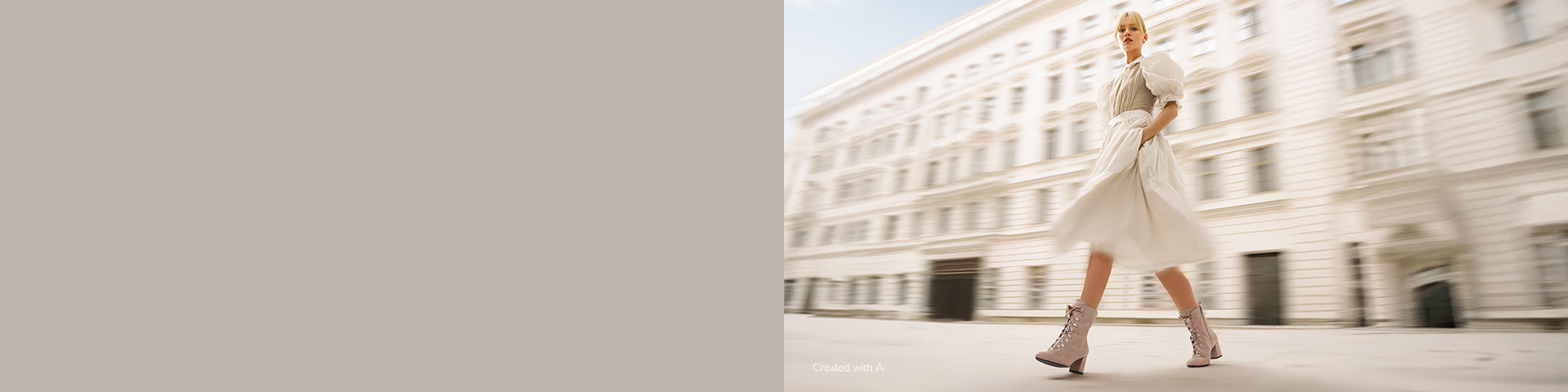 Eine Person in einem fließenden weißen Dirndl und Schnürstiefeletten läuft elegant durch eine helle Stadtkulisse.