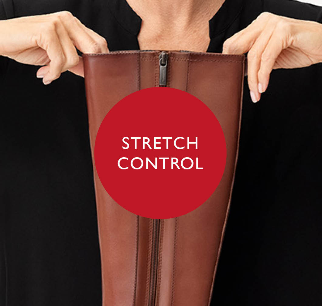 Hands stretch a brown leather boot with a zip. A red circle shows the text "Stretch Control".
