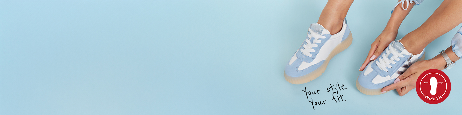 Light blue and white sneakers on a light blue background, with a red logo and black text in the bottom right.