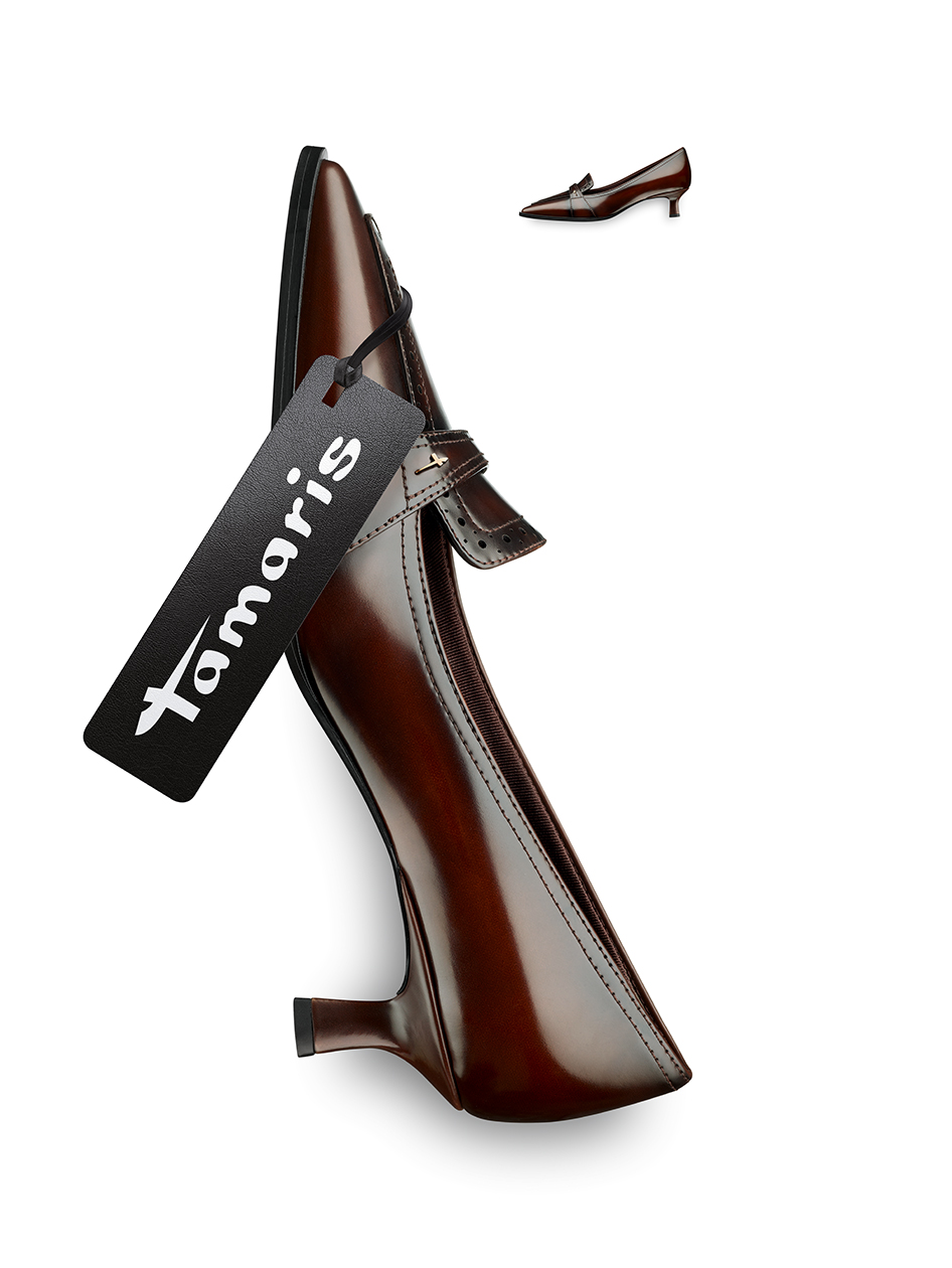 Brown Tamaris pump in loafer design with a kitten heel and pointed toe.