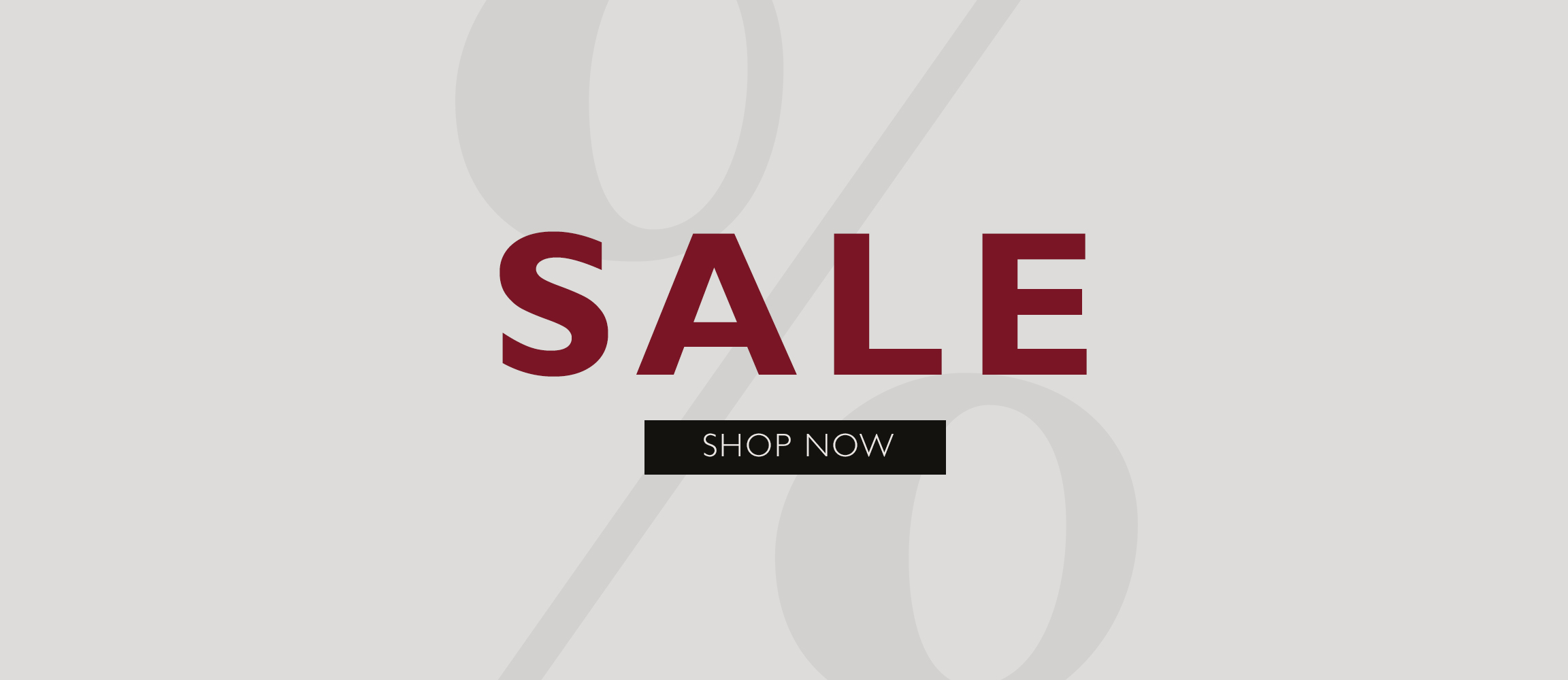 Advertising banner with the word SALE in dark red and a black button with the text Shop Now on a light grey background.