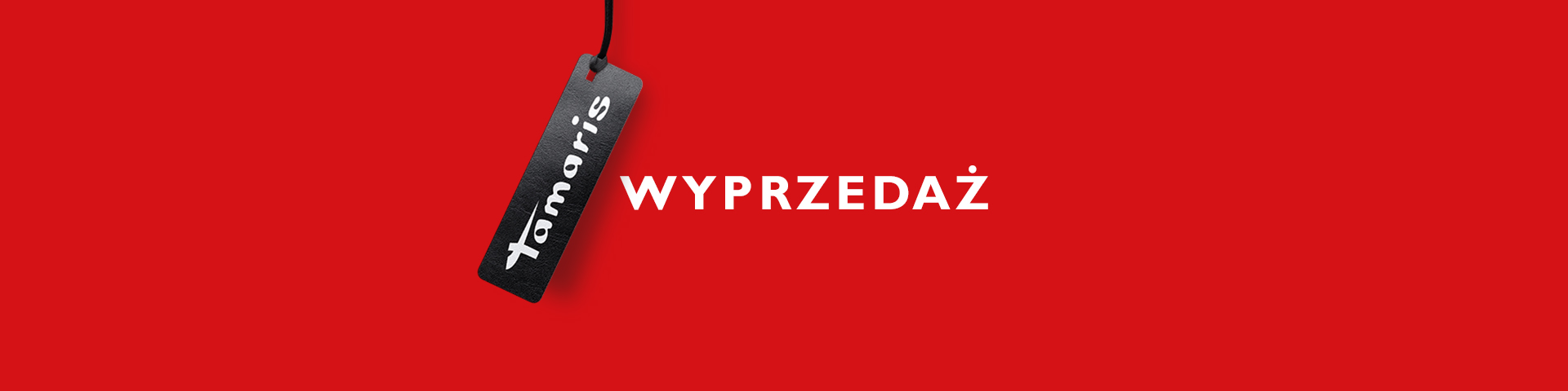 Czerwony baner z czarną metką cenową Tamaris i białym napisem SALE.