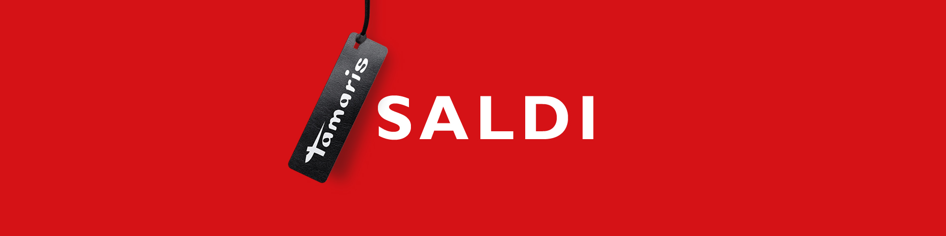 Banner rosso con cartellino del prezzo Tamaris nero e scritta bianca SALE.