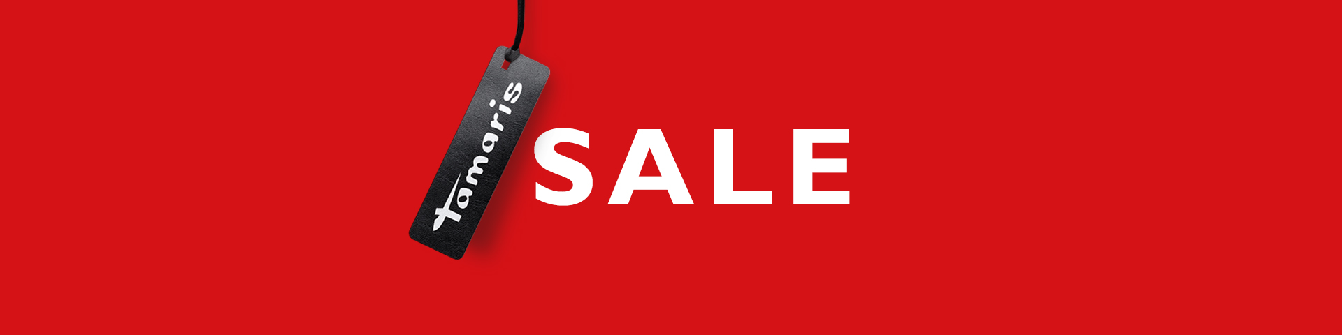 Rotes Banner mit schwarzem Tamaris-Preisschild und wei&szlig;em Schriftzug SALE.