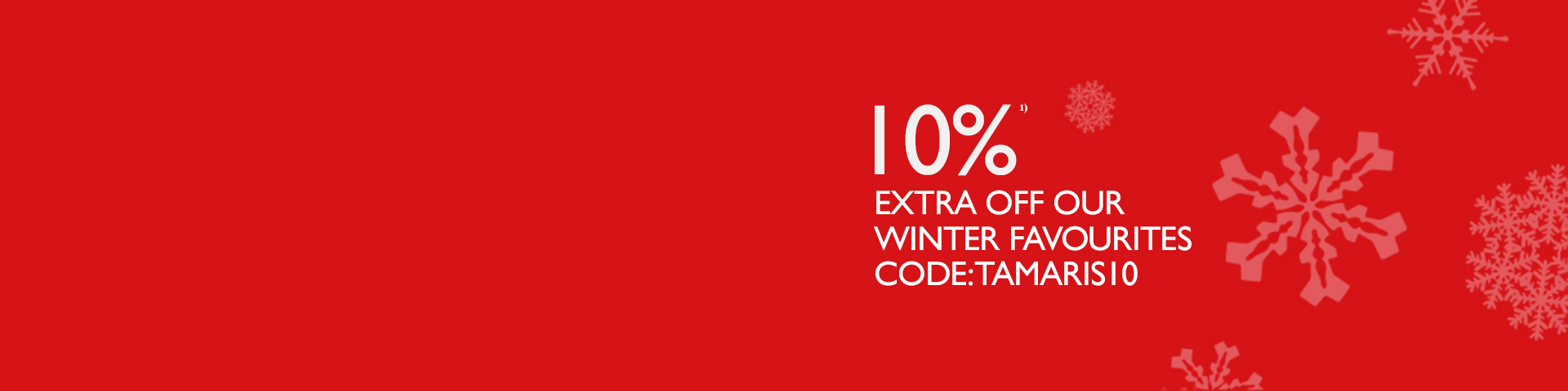 Red winter-themed banner with 10% off winter favourites, promo code TAMARIS10