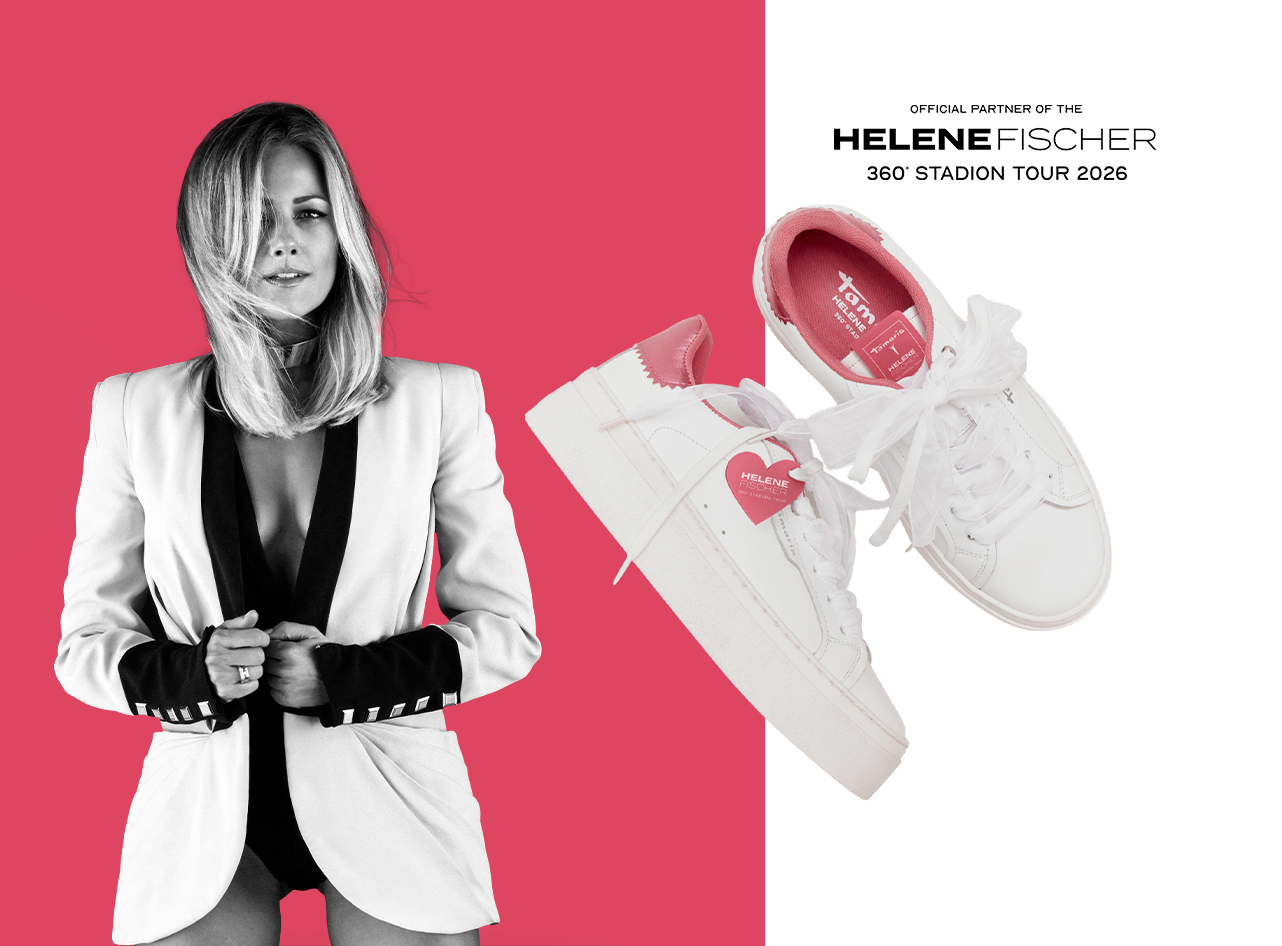 Helene Fischer im wei&szlig;en Blazer vor pinkem Hintergrund, daneben wei&szlig;e Sneaker mit rosa Details zur 360&deg; Stadion Tour 2026.