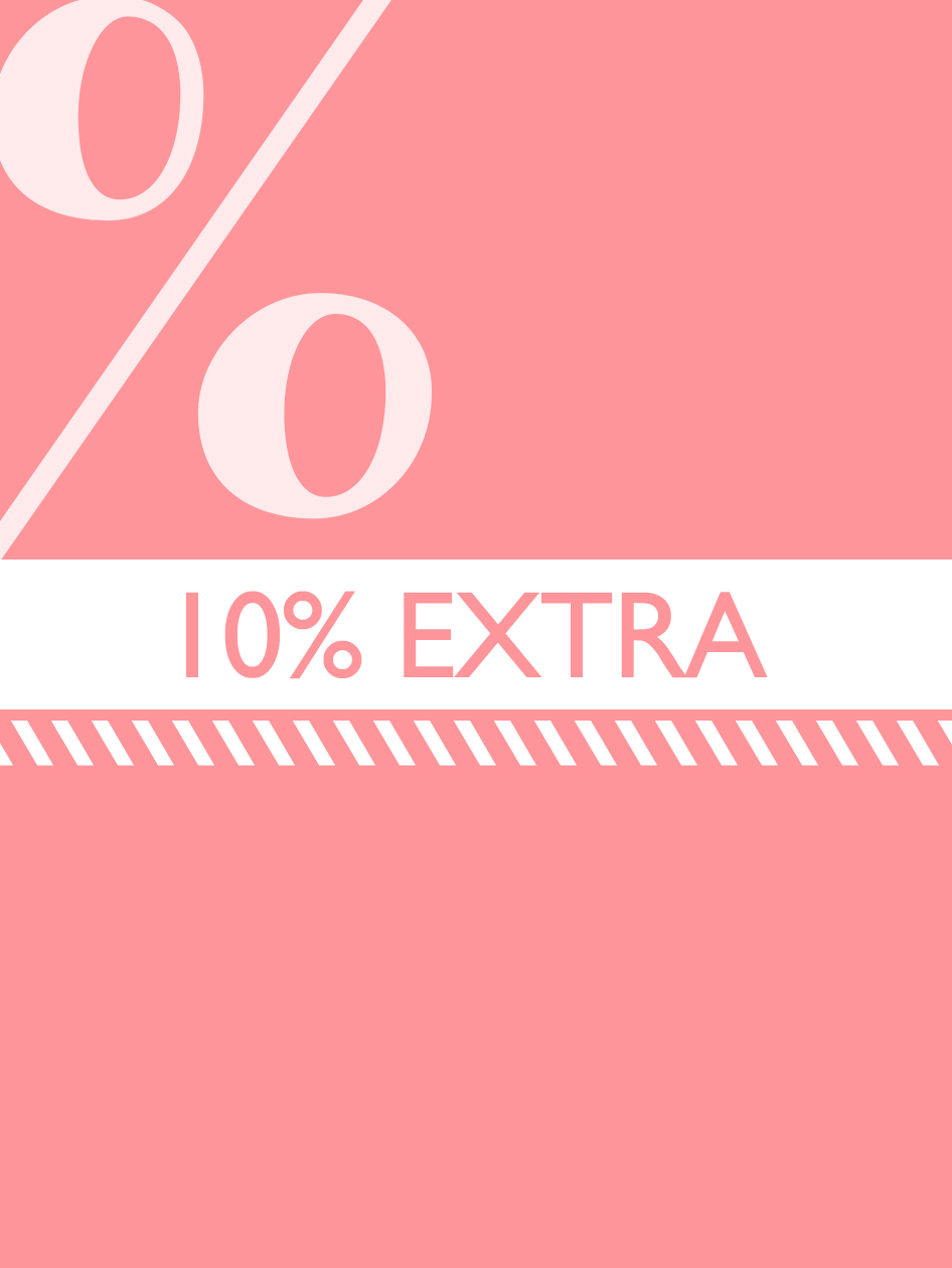 Elemento grafico rosa con scritta bianca che mostra &ldquo;10% EXTRA&rdquo; e linee decorative.