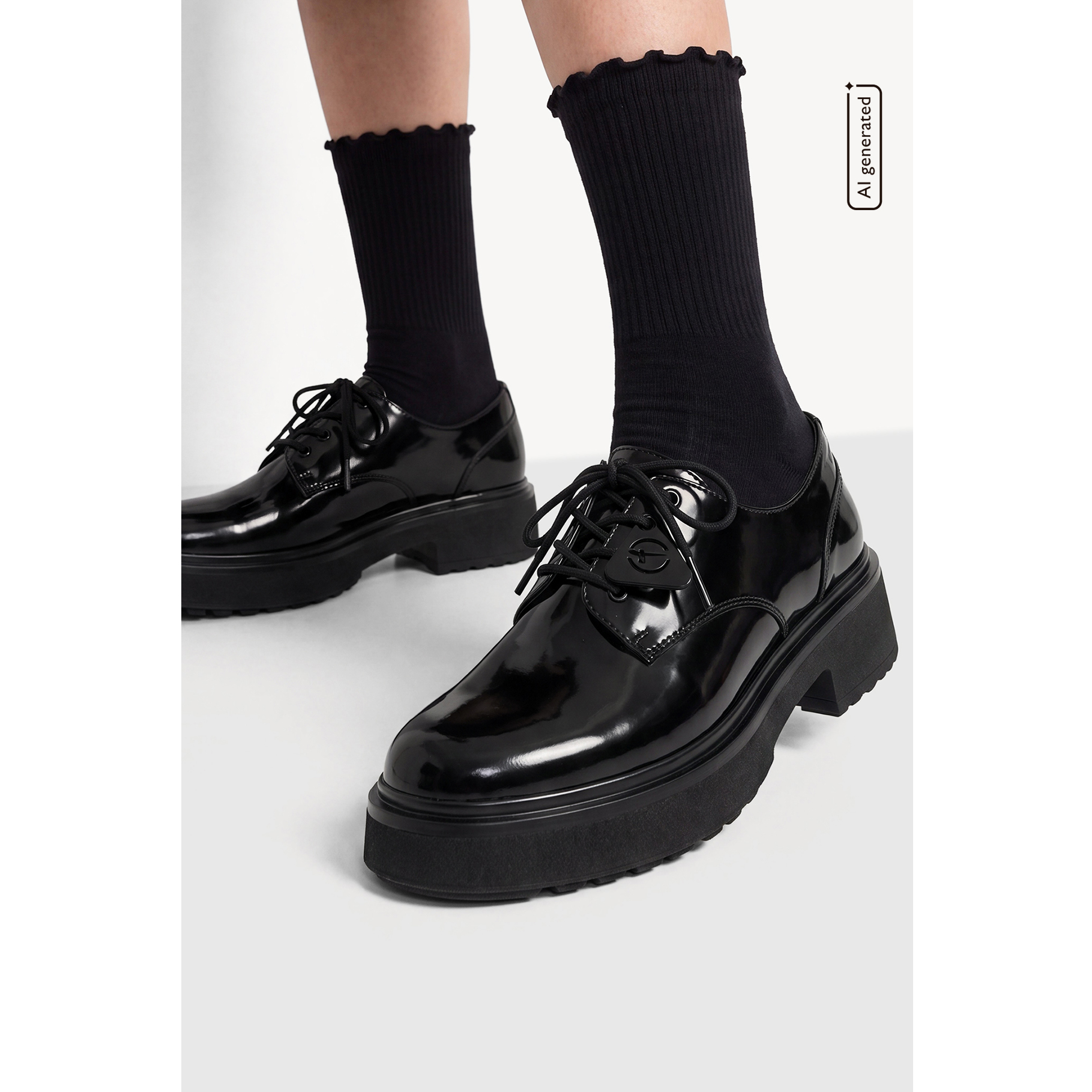 Schwarze Lackschuhe mit dicker Plateausohle und Schn&uuml;rsenkeln, kombiniert mit schwarzen Socken.