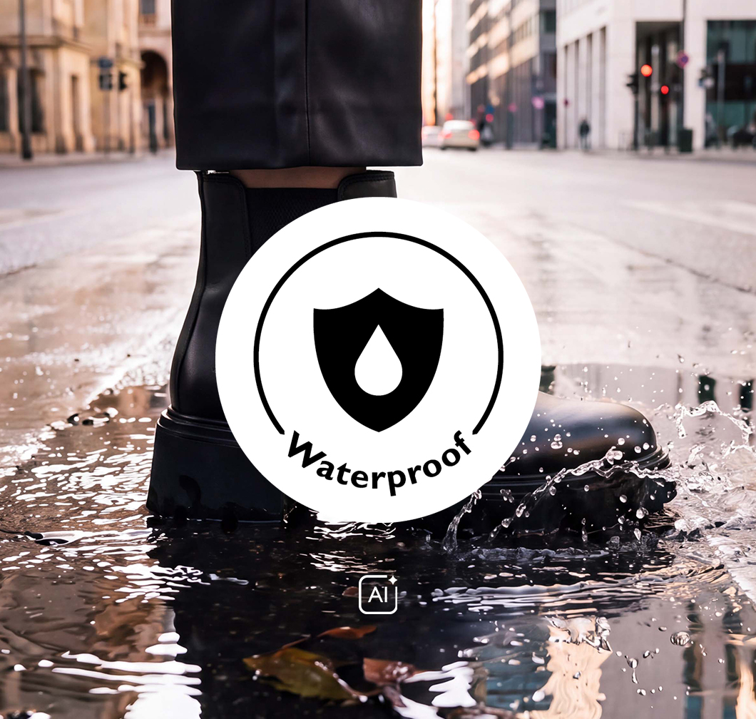 Black waterproof boot stepping into a puddle on a city street, with a Waterproof logo in the foreground.
