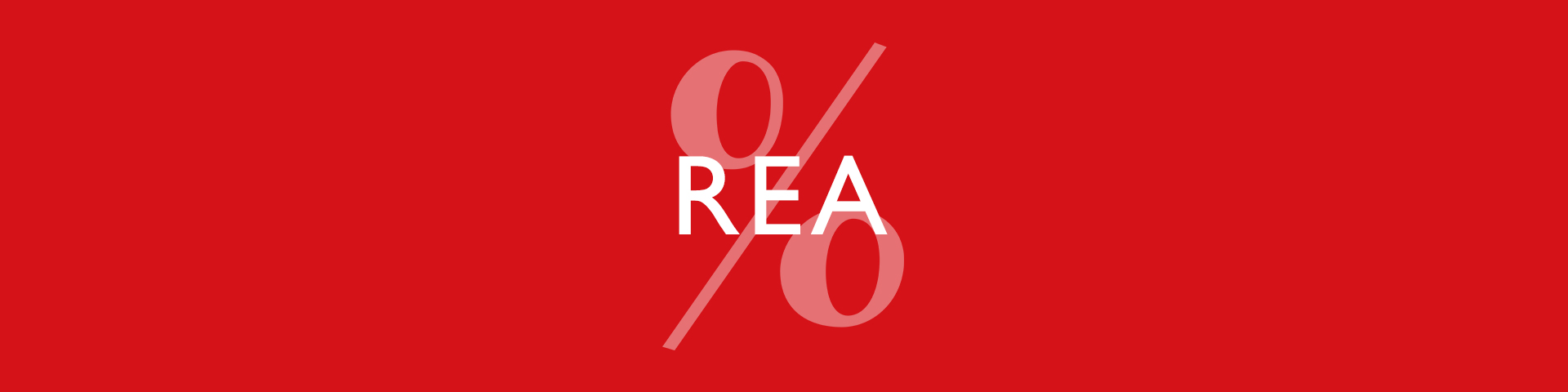 Vit "REA"-text p&aring; r&ouml;d bakgrund med ett stort procenttecken i bakgrunden.