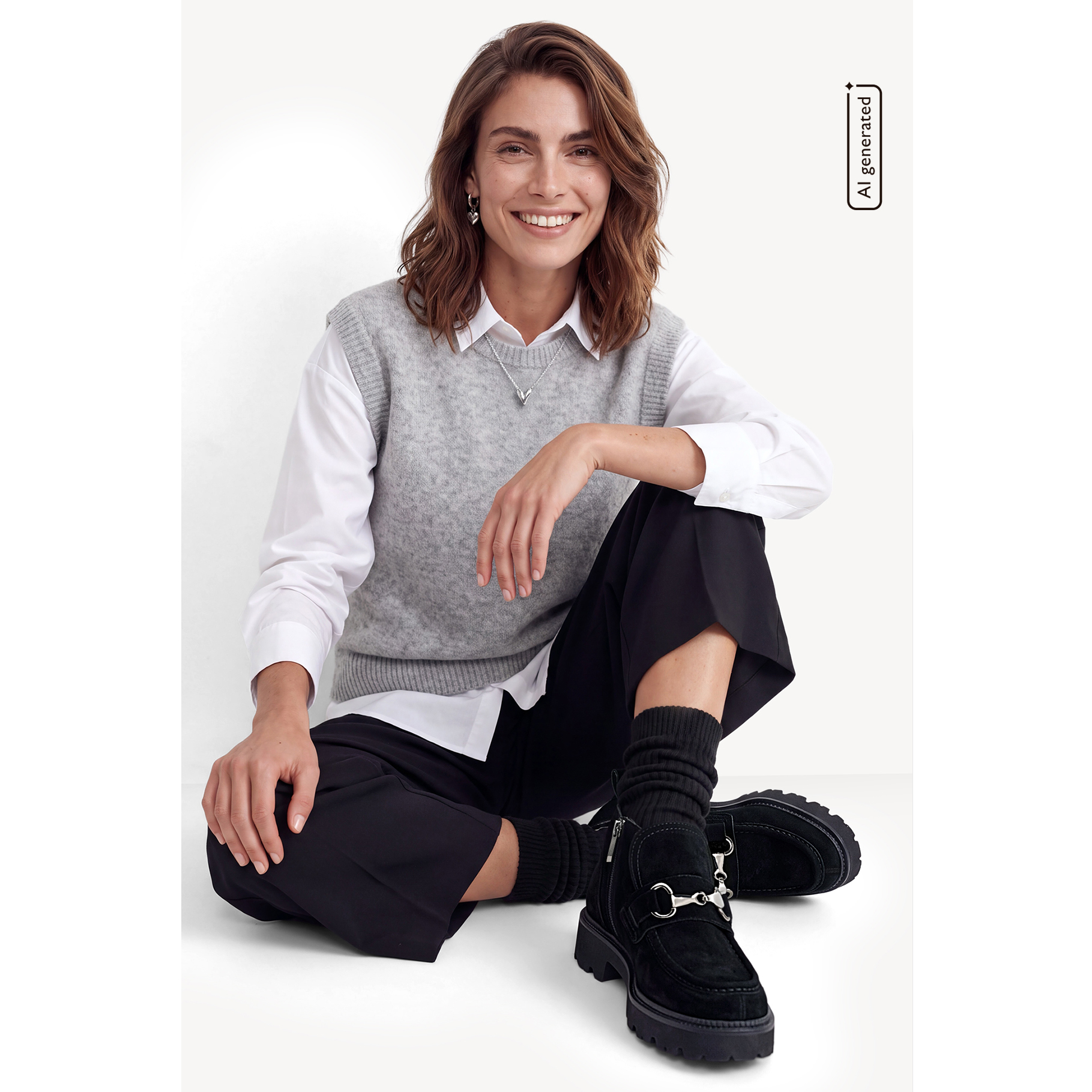 Smiling woman sitting on the floor wearing a grey knitted waistcoat, white shirt, black trousers and black loafers.
