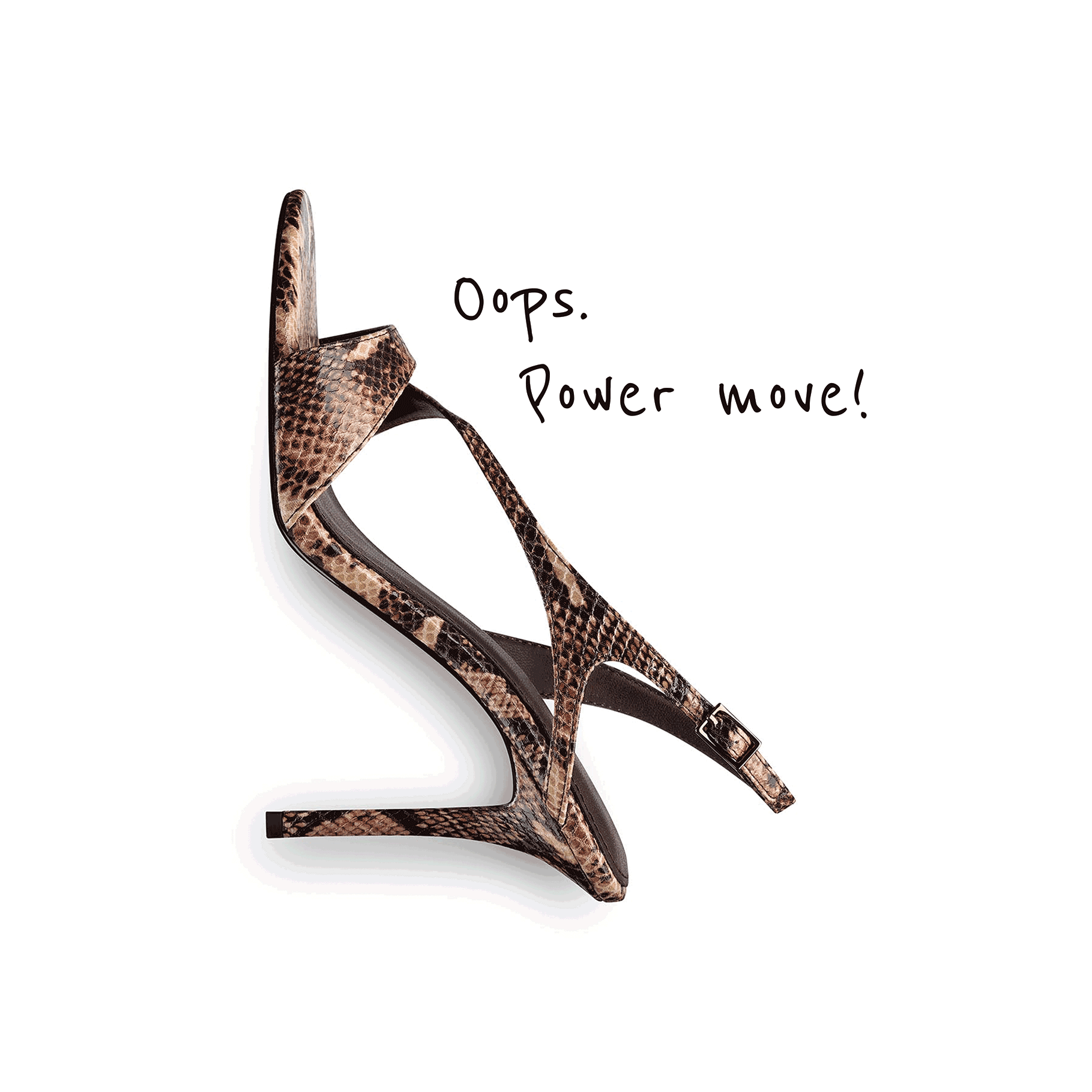 Eleganckie sandałki na szpilce z motywem sk&oacute;ry węża w kolorze brązowo-beżowym, z klamrą, na białym tle. Tekst: &bdquo;Oops. Power move!&rdquo;