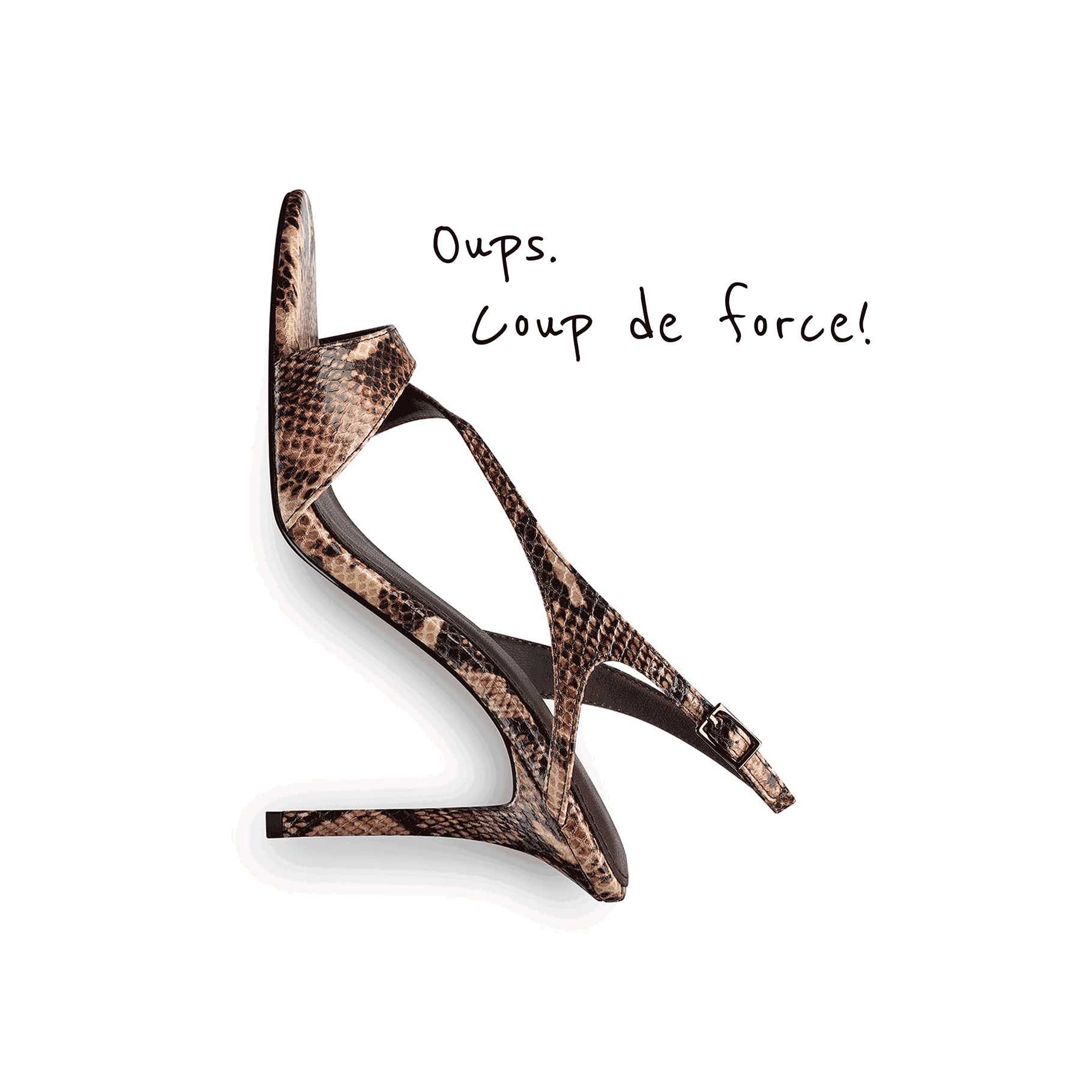&Eacute;l&eacute;gante sandalette &agrave; talon aiguille avec motif serpent brun-beige et boucle sur fond blanc. Texte : &laquo; Oops. Power move! &raquo;