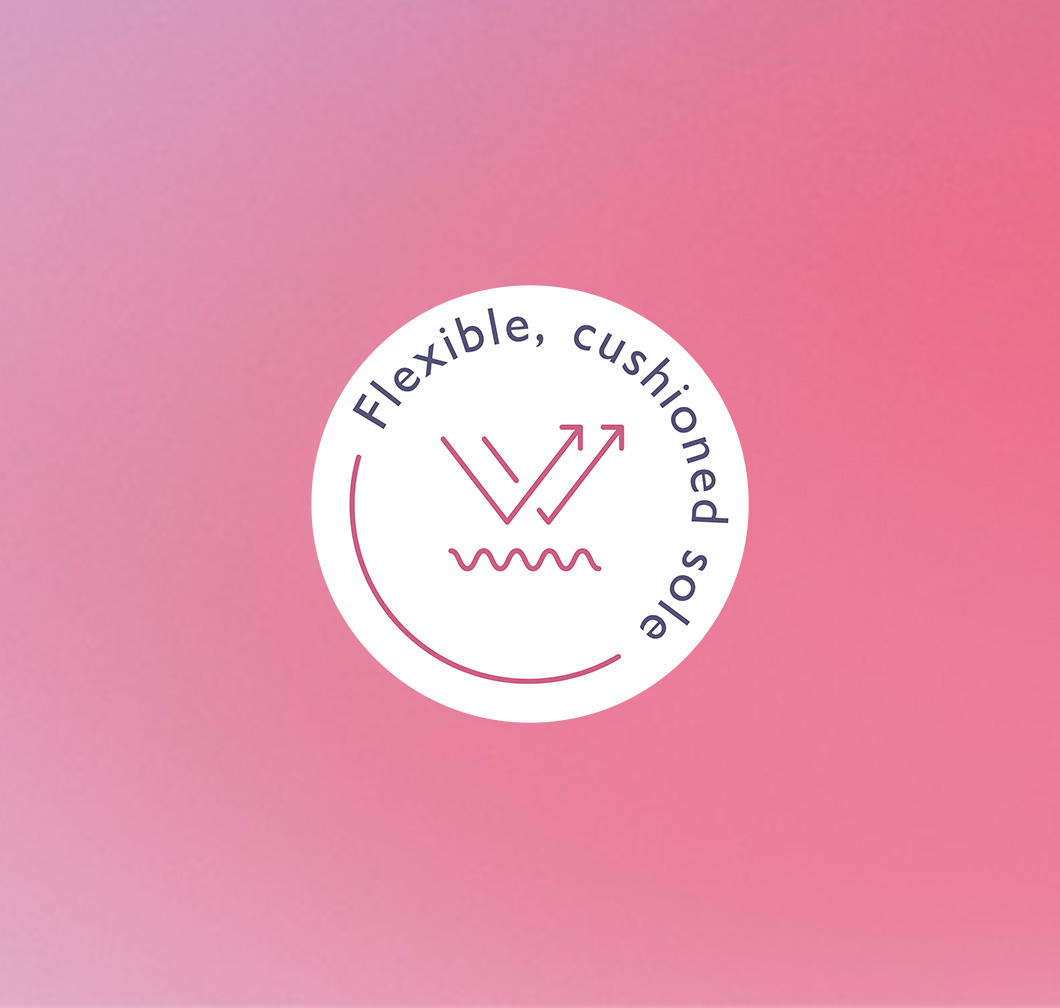 White circle with arrow and wave symbols on a pink background, accompanied by text highlighting a flexible, springy sole.