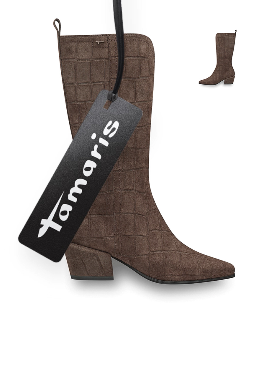 Tamaris women&rsquo;s brown boot with croc embossing and block heel.