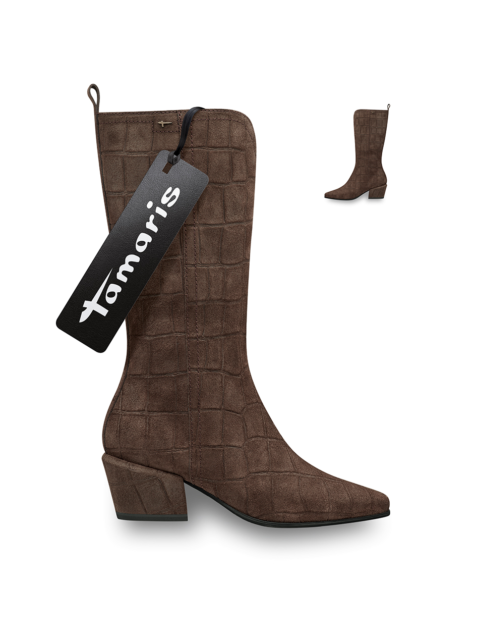 Tamaris Damen-Stiefel in Braun mit Kroko-Pr&auml;gung und Blockabsatz.