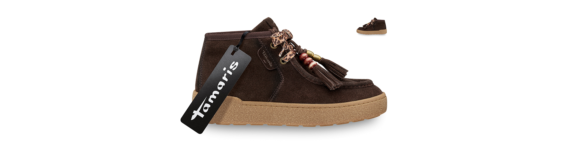 Brauner Tamaris Veloursleder-Schn&uuml;rschuh mit Leopardenmuster-Schn&uuml;rsenkeln, Quasten und heller Sohle.