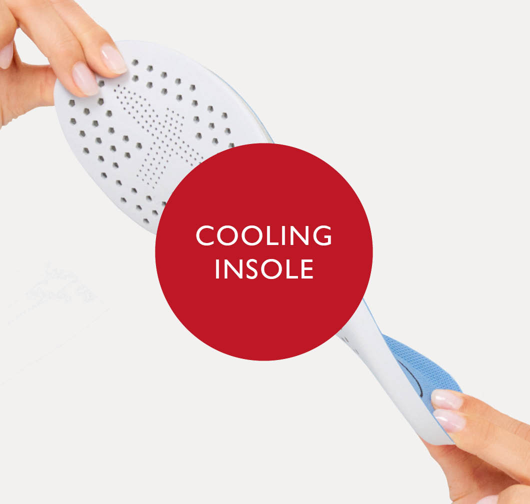 Two hands holding a white cooling insole with perforations. A red circle displays the text &ldquo;Cooling Insole&rdquo;.