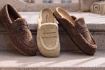 Drei flauschige Loafer in Braun und Beige mit Teddypl&uuml;sch-Besatz auf Steinstufen arrangiert.