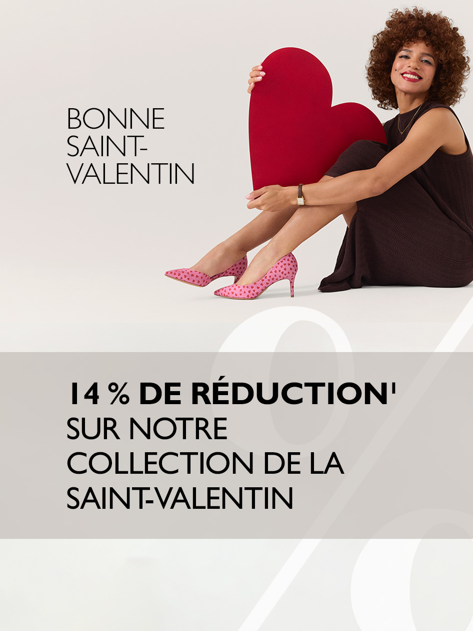 Femme en robe noire avec des chaussures roses tenant un grand c&oelig;ur rouge, publicit&eacute; de la Saint-Valentin avec 14 % de r&eacute;duction sur fond blanc