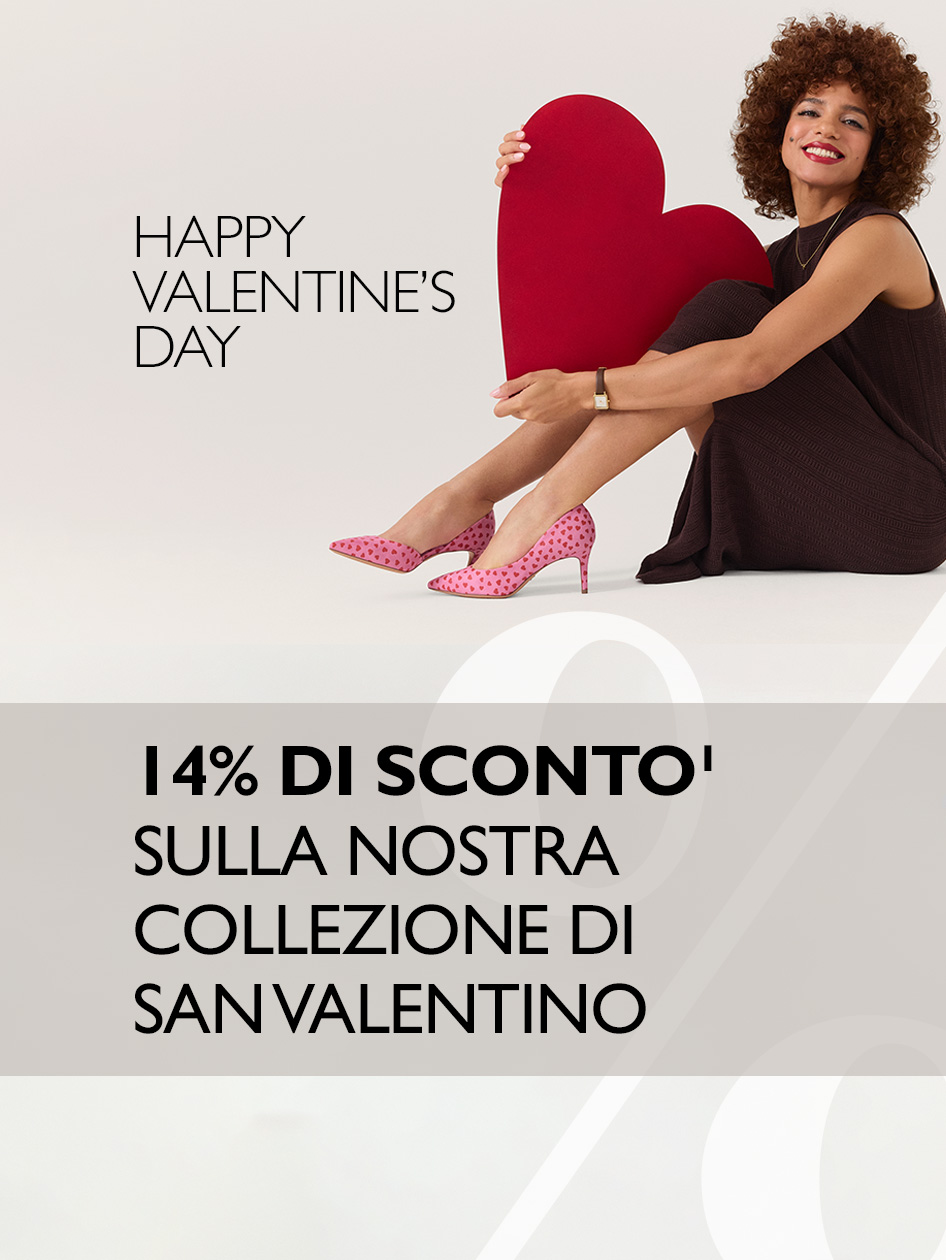 Donna in abito nero con scarpe rosa che tiene un grande cuore rosso, pubblicit&agrave; di San Valentino con sconto del 14% su sfondo bianco