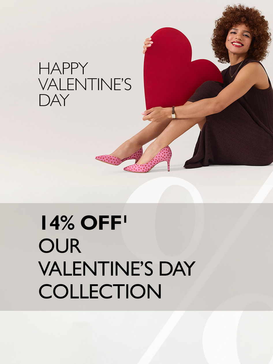 Woman in a black dress with pink shoes holding a large red heart, Valentine&rsquo;s Day advertisement with 14% discount on a white background