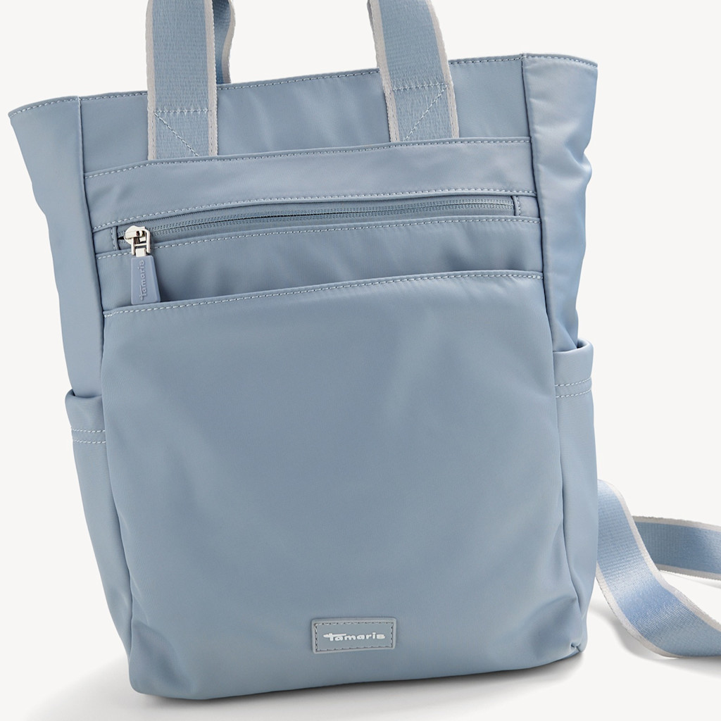 Zaino Tamaris azzurro in ecopelle con diverse tasche con zip e manici per il trasporto