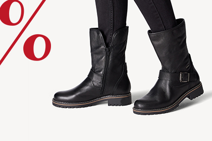 Bottes en cuir noir de différents styles avec des pourcentages rouges en arrière-plan