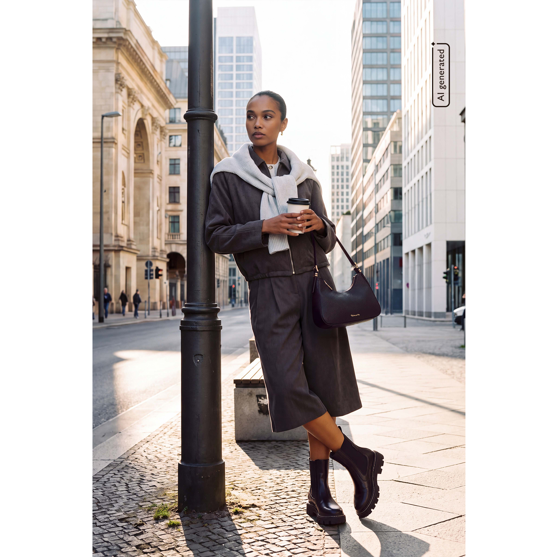 Femme appuy&eacute;e contre un r&eacute;verb&egrave;re en ville, portant une tenue sombre, une &eacute;charpe grise, des boots noires et un sac &agrave; main, tenant un gobelet de caf&eacute;.