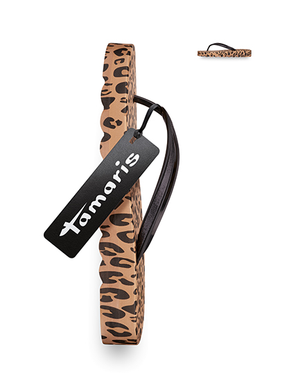 Tamaris toe-post sandal with a brown and black leopard print against a white background