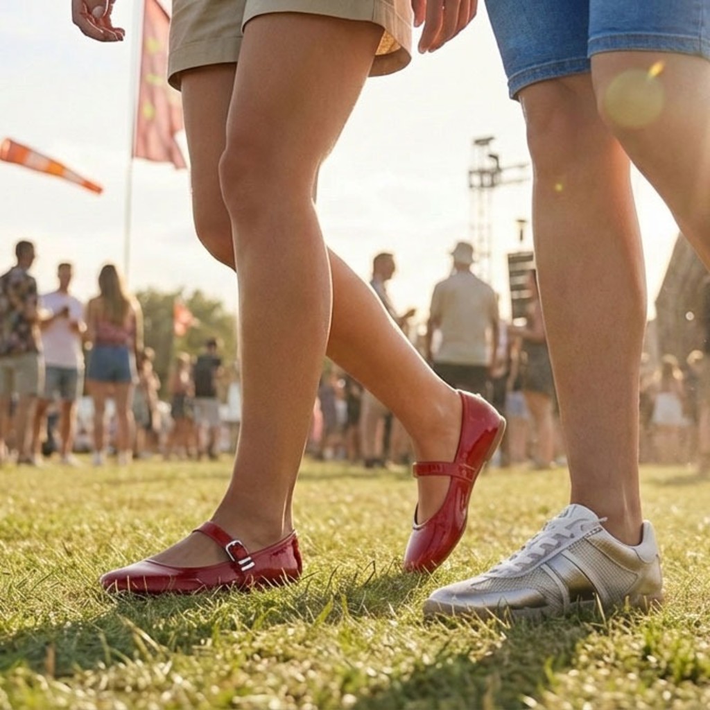 Nahaufnahme von Beinen zweier Personen auf Gras: rote Lackschuhe und wei&szlig;e Sneaker, im Hintergrund ein Outdoor-Festival.