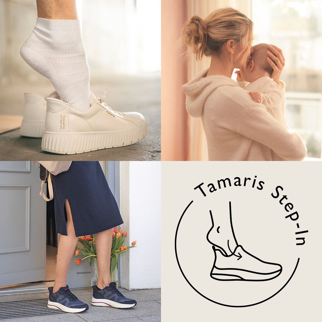 Collage af sneakers: hvide plateau-sneakers og marineblå sportssko, båret til tøj i lyse og mørke toner.